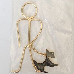UNIQUE METAL Stick Figure Art Man Walking Scottie Dog Gold Tone